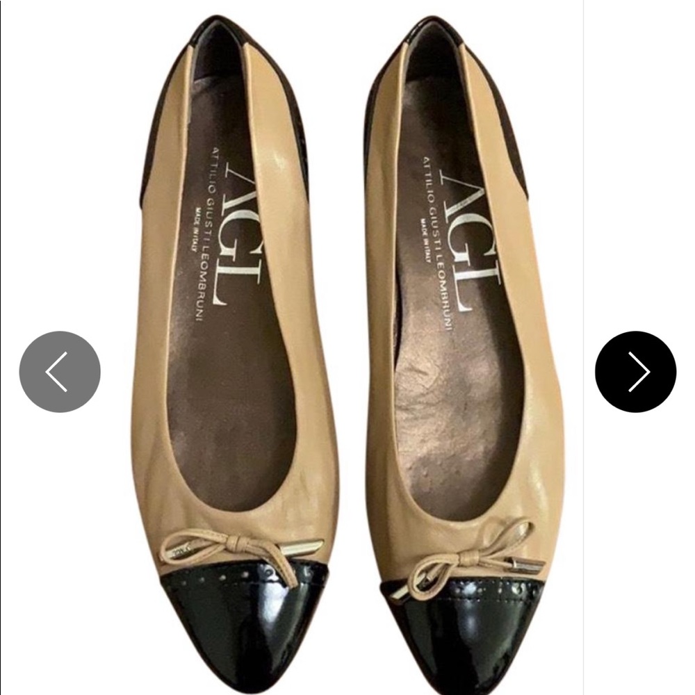 Agl Leather Saddle Cap Toe Ballet Flats Black/Tan Sz 38